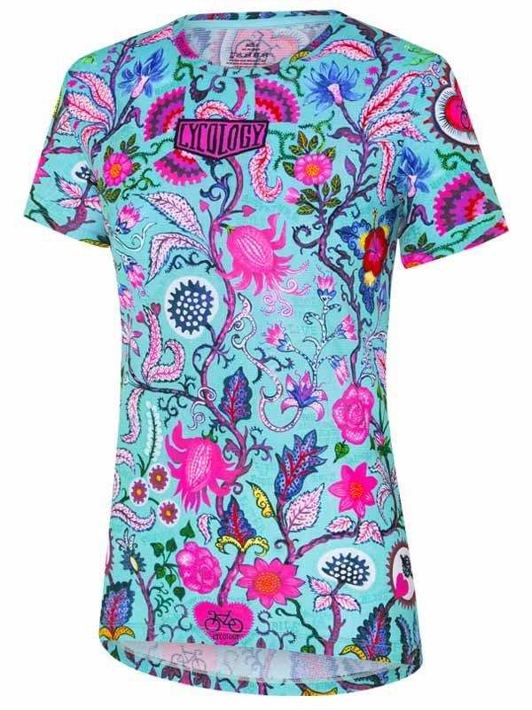 Women's cycling jersey with vibrant floral pattern, pink and blue design, short sleeves for bike rides