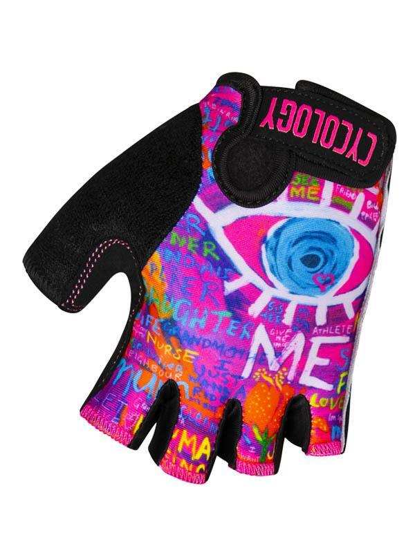Colorful women's cycling glove with eye graphic and 'CYCOLOGY' branding, ideal for road or mountain biking.