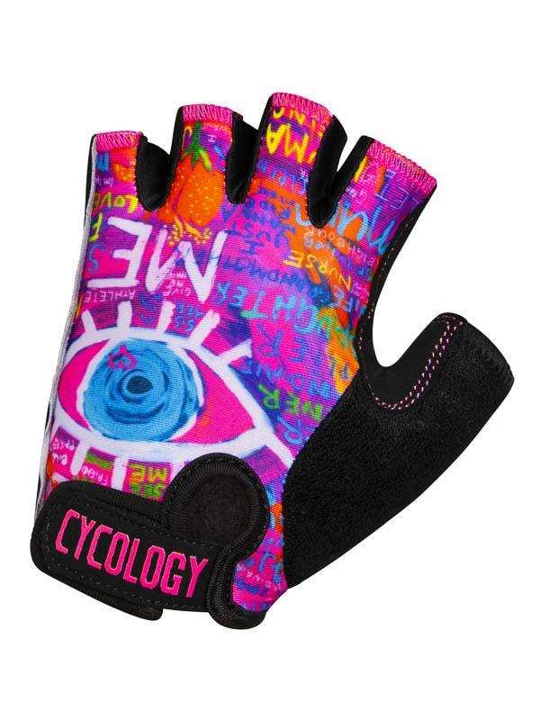 Colorful cycling glove with eye graphic, pink 'CYCOLOGY' logo, and black palm for women's bike rides