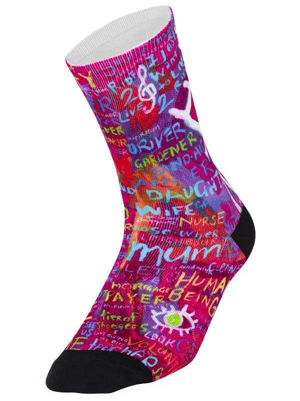 Colorful cycling sock with vibrant text and music note design, ideal for women's or men's bike rides