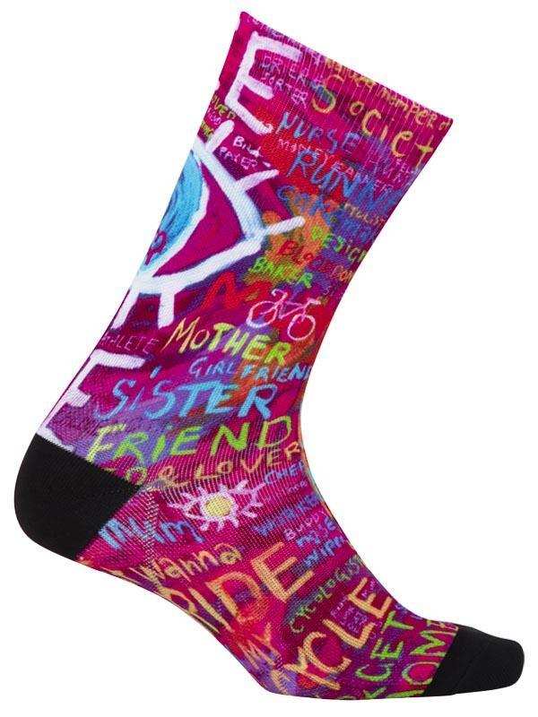 Colorful cycling sock with vibrant words like 'RIDE' and 'FRIEND', perfect for women cyclists