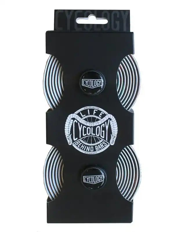 Cycology bike handlebar tape set in black packaging with 'Life Behind Bars' design