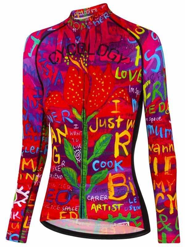 Vibrant long-sleeve cycling jersey with colorful graffiti-style art and floral design for women