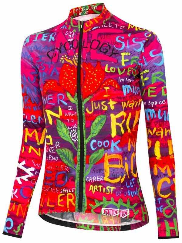 Vibrant women's cycling jersey with graffiti-style art, bold colors, and floral prints for road biking.