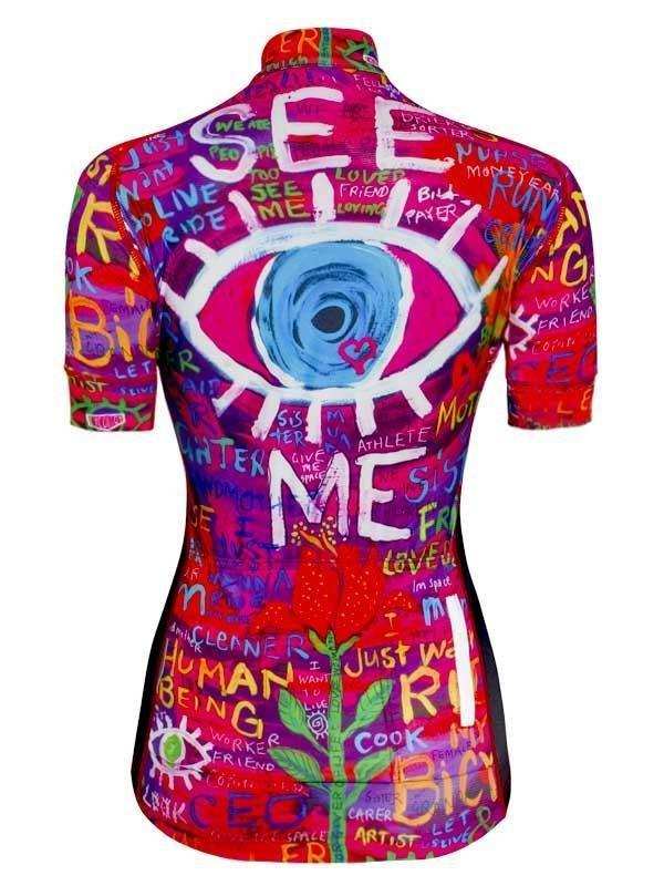 Women's cycling jersey with vibrant eye graphic and colorful text design, perfect for road bike rides.