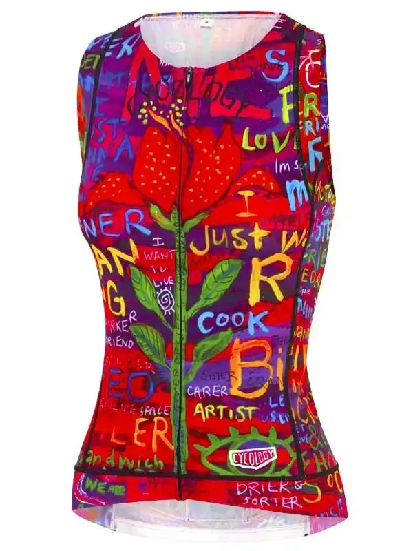 Colorful women's cycling vest with graffiti art, bold text, and floral design for road biking