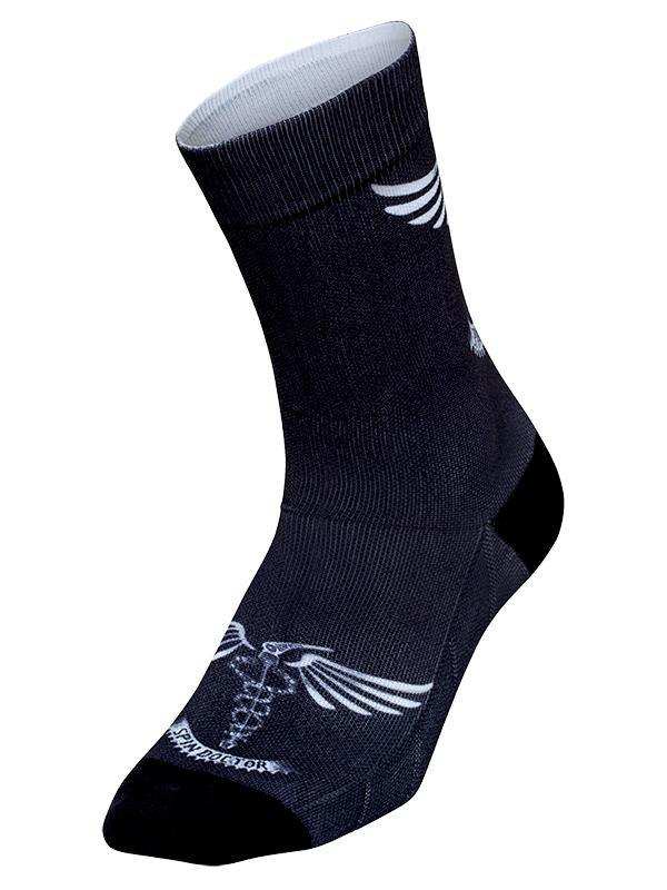 Black cycling sock with white winged medical symbol, designed for men's and women's bike rides