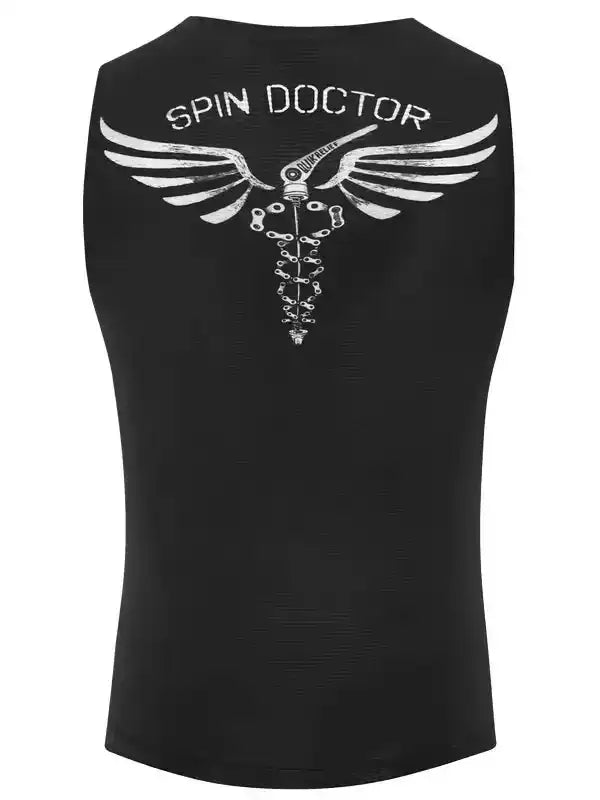 Black cycling tank top with 'SPIN DOCTOR' graphic, wings, and chain design for men's and women's bike wear