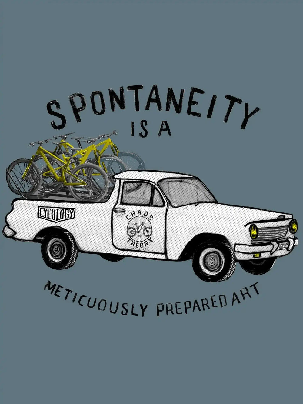 Cycling graphic tee with vintage truck carrying yellow bikes, 'Spontaneity is a Meticulously Prepared Art' text