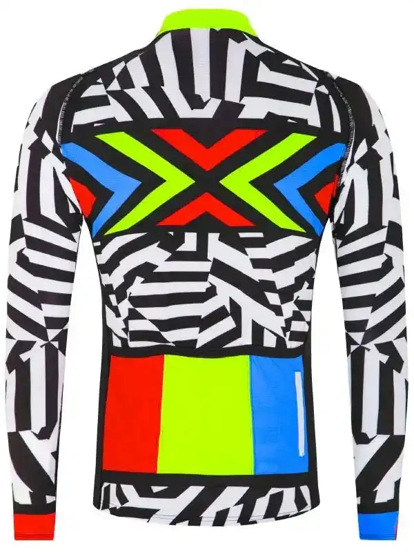 Men's long sleeve cycling jersey with bold black, white, red, blue, and neon green geometric pattern