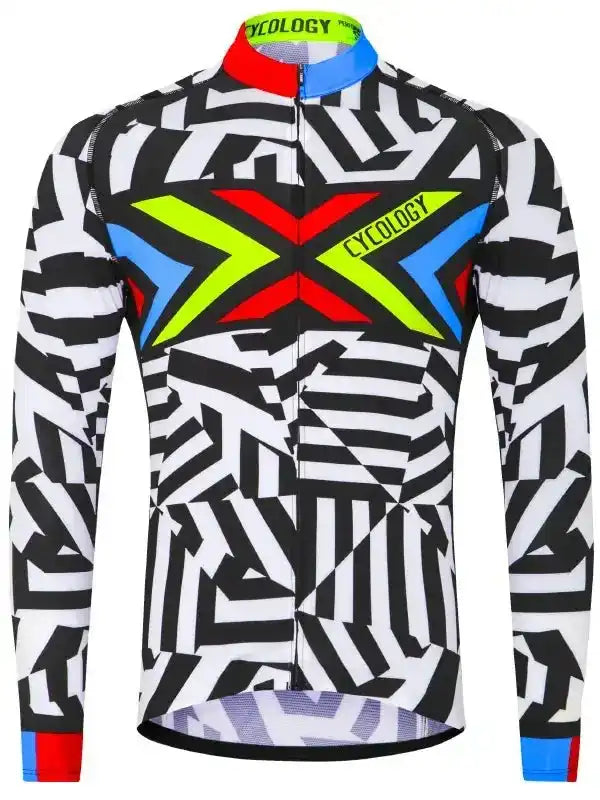 Men's long sleeve cycling jersey with bold geometric print and neon accents for road biking performance