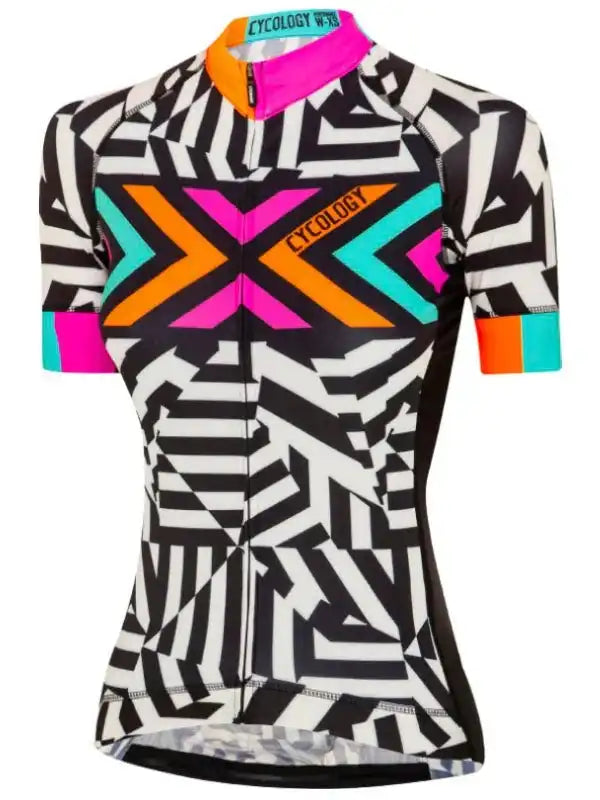 Women's cycling jersey with bold geometric print and vibrant neon accents for road biking