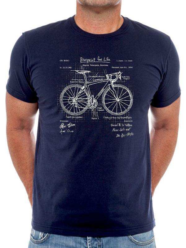 Men's navy t-shirt with vintage bicycle blueprint design, ideal for cycling enthusiasts and casual wear.