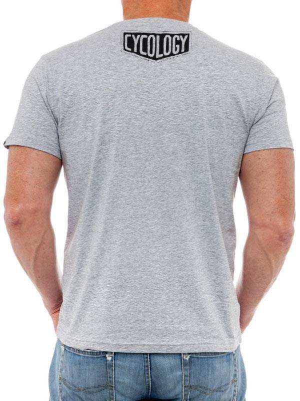 Men's gray cycling t-shirt with Cycology logo on back, casual fit for active lifestyle