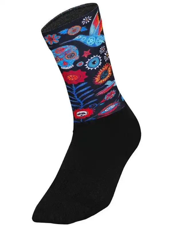 Colorful sugar skull cycling sock with floral and gear designs on black fabric