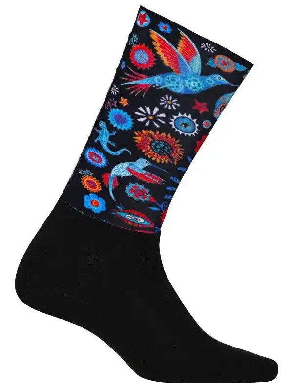 Colorful hummingbird and floral pattern cycling sock on black background