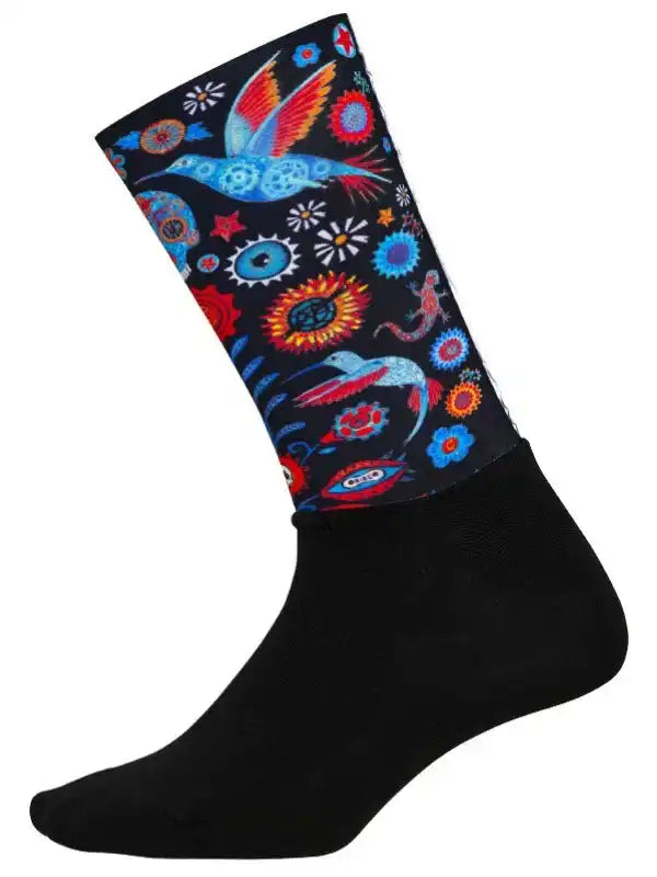 Colorful cycling sock with bird and floral pattern on black background, ideal for men and women riders