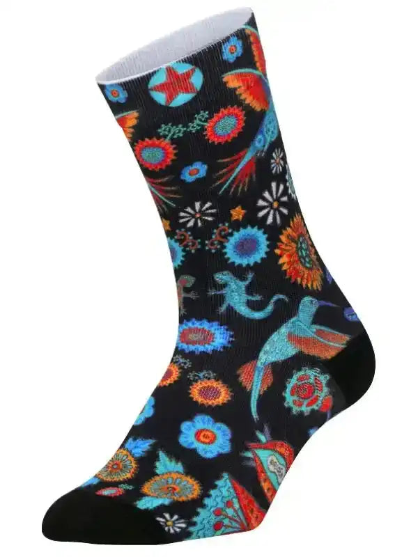 Colorful floral and bird pattern cycling sock on black background, vibrant design for men or women