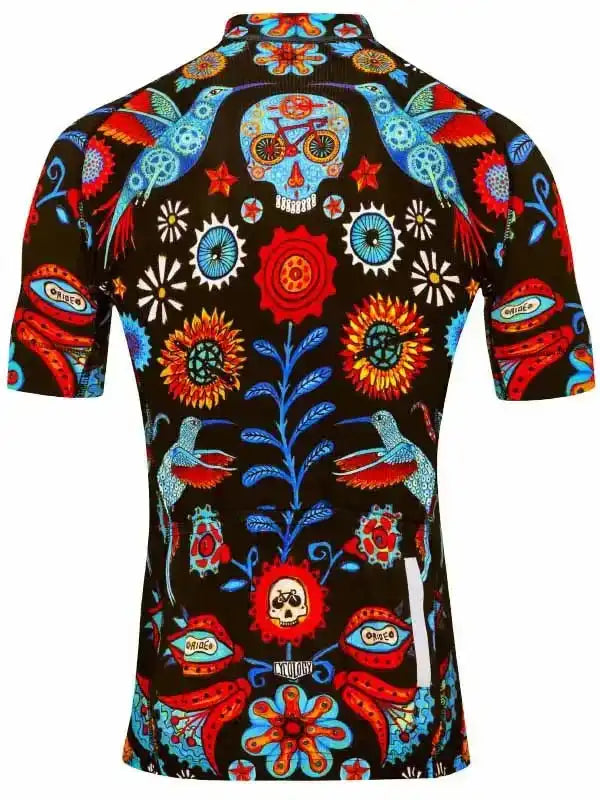 Men's cycling jersey with vibrant Day of the Dead skull and floral pattern, ideal for road biking