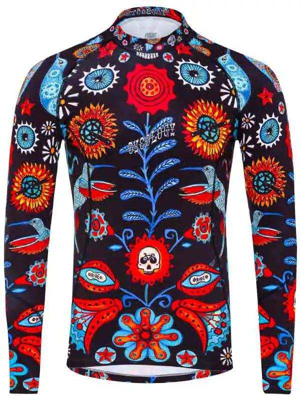 Men's long sleeve cycling jersey with vibrant floral and skull print, bold red and blue design