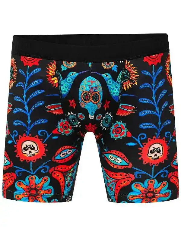 Men's cycling shorts with vibrant sugar skull and floral print, ideal for bike rides and active wear.