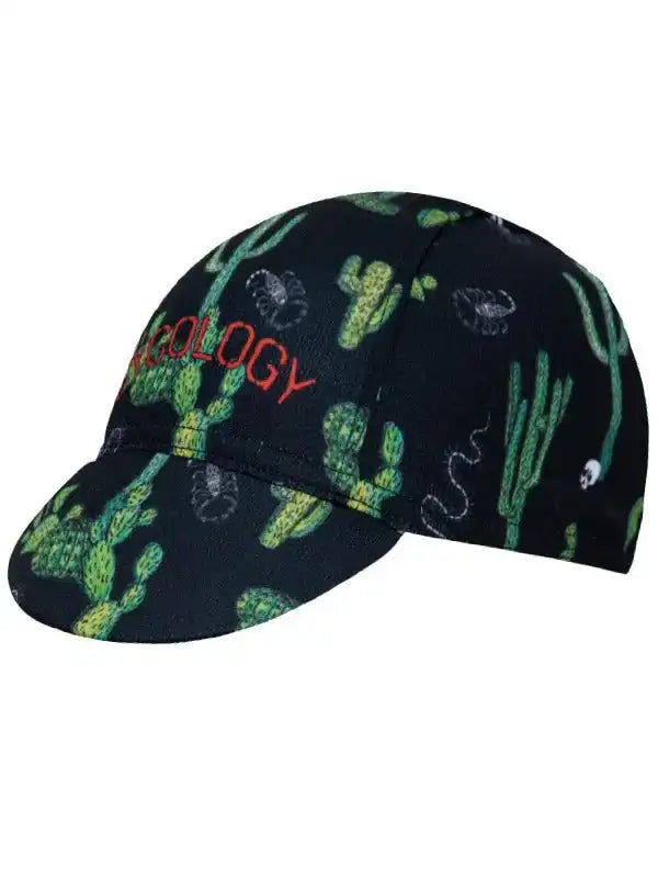 Black cycling cap with green cactus print and red logo, ideal for bike rides and outdoor adventures.