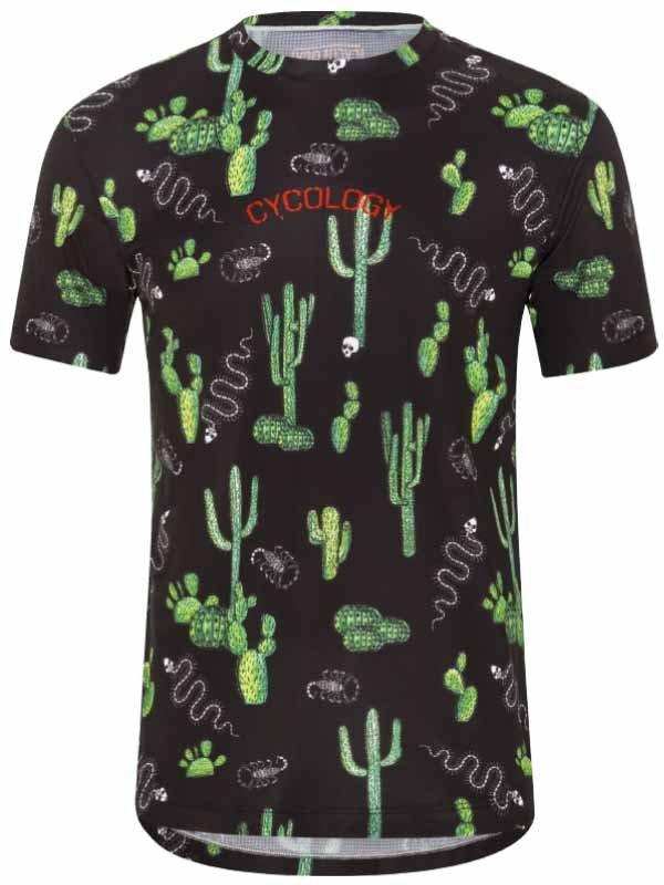 Men's cycling jersey with cactus and snake print, breathable fabric, ideal for road biking adventures.