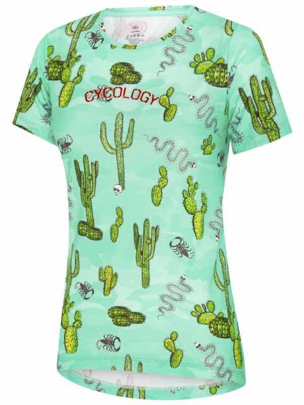 Women's mint green cycling jersey with cactus, scorpion, and snake print design for bike rides