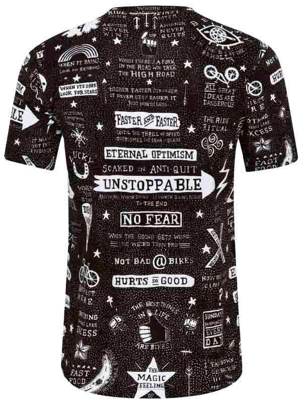 Black cycling jersey with white motivational quotes and bike graphics, ideal for men's and women's rides