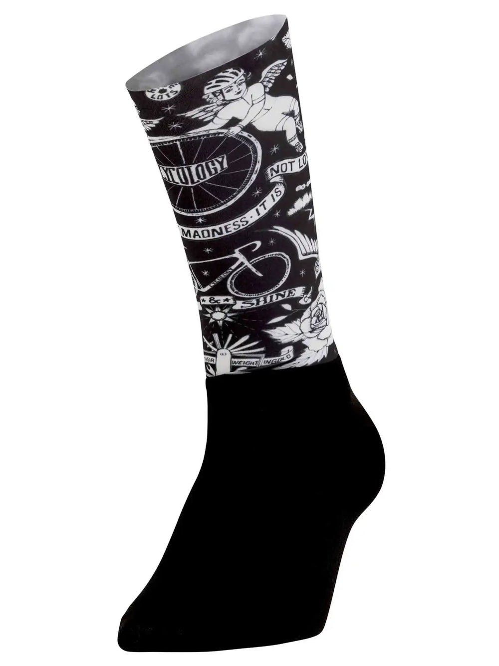 Black cycling sock with white tattoo-style graphics, angel, bike wheel, and text design for men or women