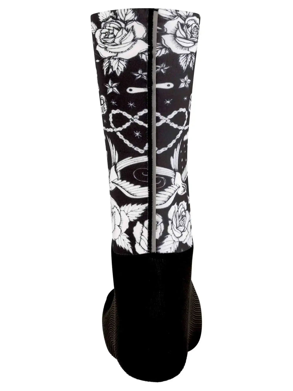 Black cycling sock with white rose, star, and bird tattoo-style print, ideal for men's or women's bike rides.