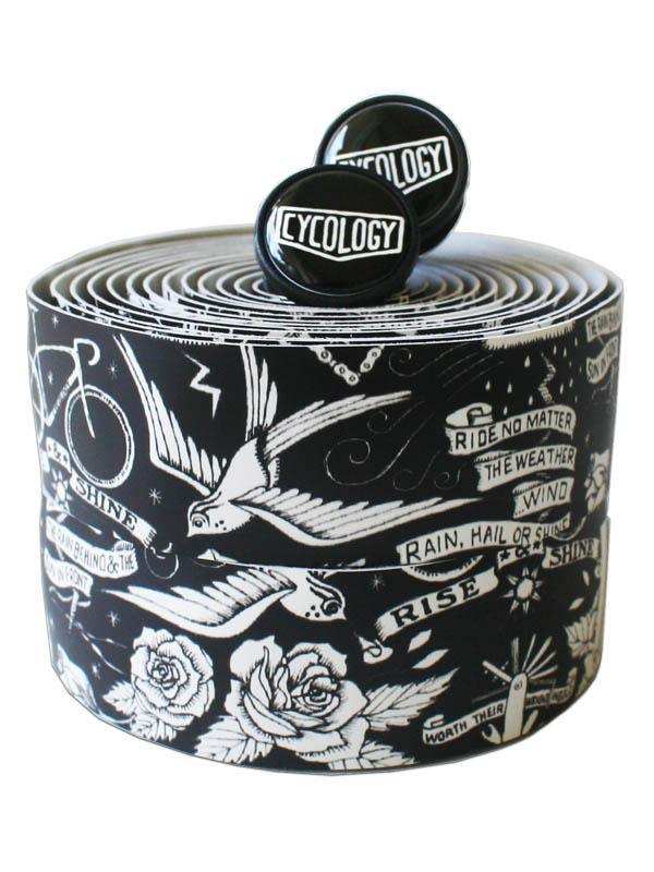 Black and white cycling handlebar tape with swallow, roses, and motivational phrases like 'Ride No Matter The Weather'