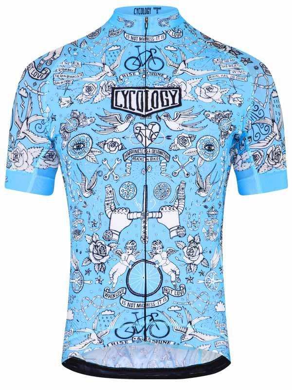 Light blue men's cycling jersey with tattoo-style graphics, roses, birds, and bike motifs for road cycling
