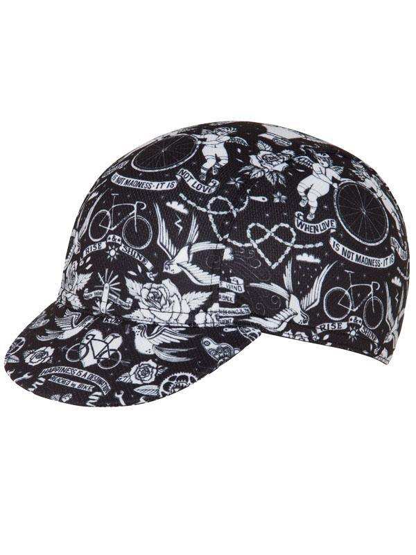 Black cycling cap with white tattoo-style bike, rose, and quote graphics for men and women riders