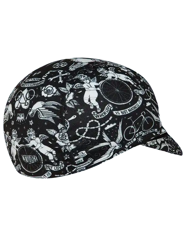 Black cycling cap with white tattoo-style graphics, cherubs, and bike motifs for men and women