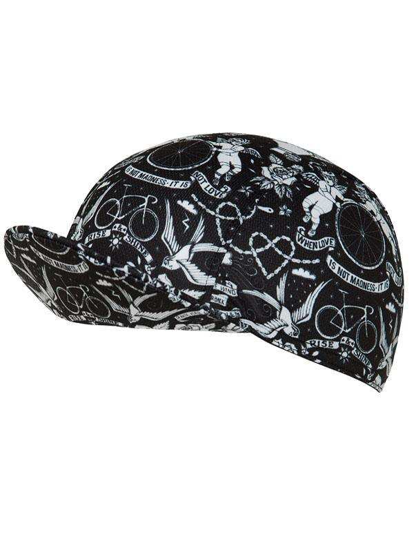 Black cycling cap with white bike, angel, and quote graphics for men's and women's cycling wear