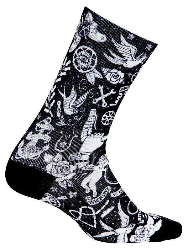 Black cycling sock with white tattoo-style designs including roses, birds, and anchors for men and women
