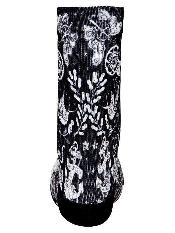 Black cycling sock with white floral and star pattern, ideal for men's and women's bike rides