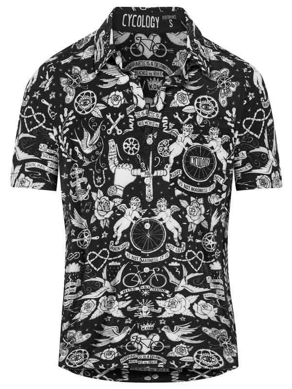 Black and white tattoo-style cycling shirt with bike, roses, and cherubs design for men or women