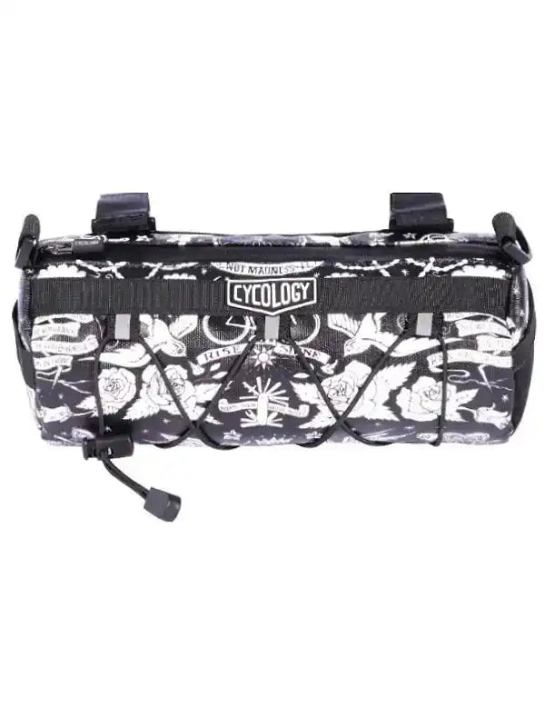Cycology bike frame bag with black and white tattoo-style design, featuring roses and cycling motifs for road or mountain biking.