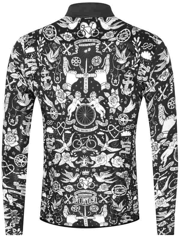 Men's long sleeve cycling jersey with black and white tattoo-style graphics, featuring bikes, roses, and wings.