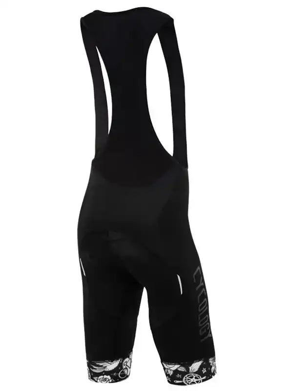 Black men's cycling bib shorts with patterned leg cuffs and ergonomic back design