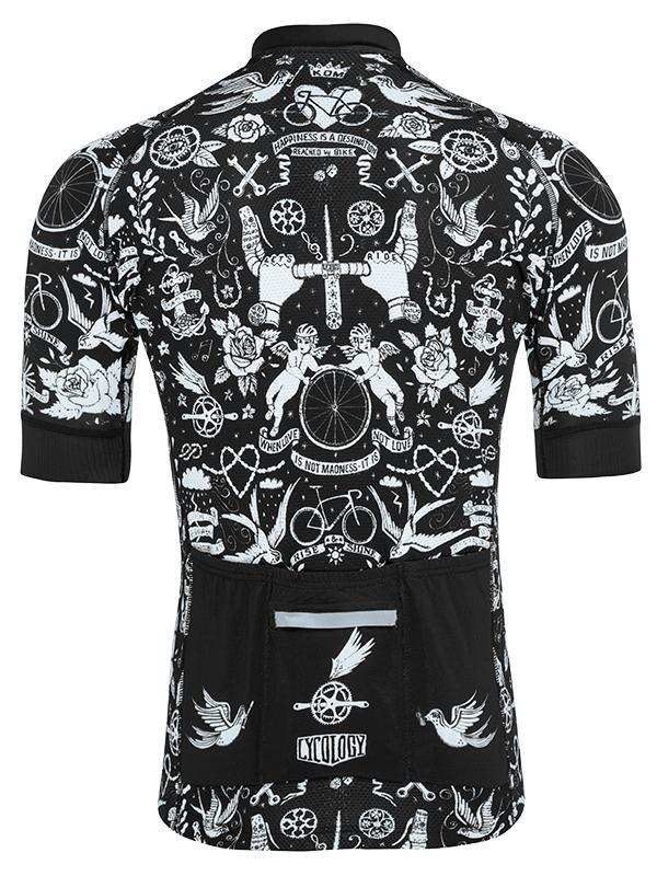 Black men's cycling jersey with white tattoo-style graphics, including bikes, roses, and wings, featuring rear pockets.