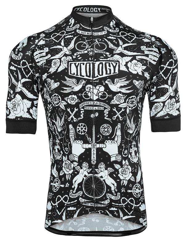 Black and white men's cycling jersey with tattoo-style graphics, roses, bikes, and 'Cycology' logo