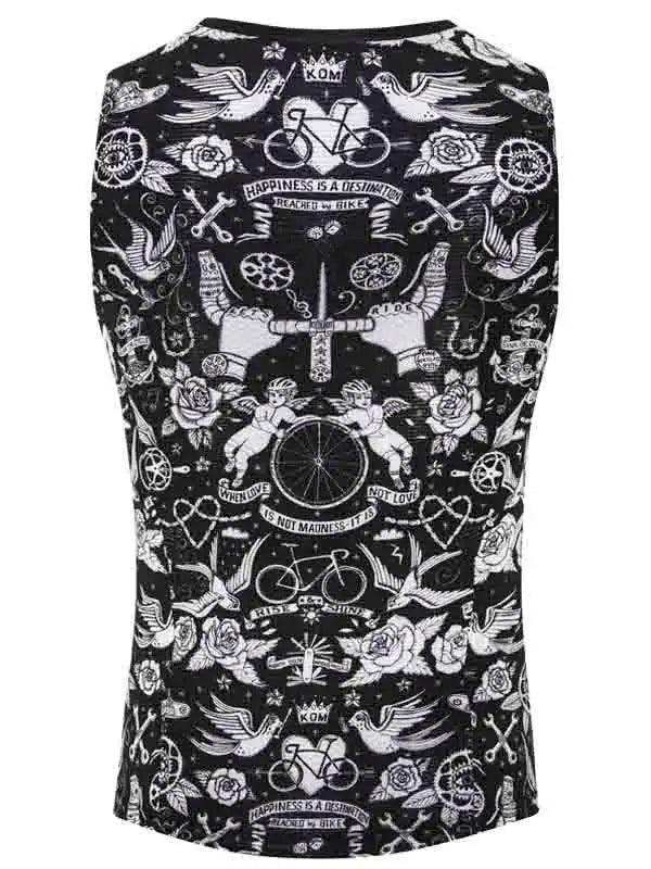 Black sleeveless cycling jersey with white tattoo-style graphics, roses, bikes, and inspirational quotes for men and women.