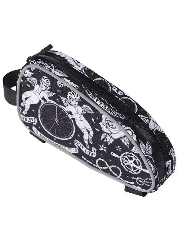 Black and white cycling saddle bag with angel and bike gear print, ideal for road or mountain biking