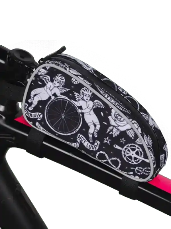 Black and white cycling frame bag with angel and gear print, mounted on bike top tube