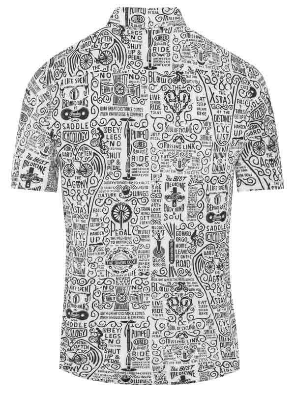 Men's cycling jersey with bold black-and-white typography and bike-themed graphics, ideal for road rides