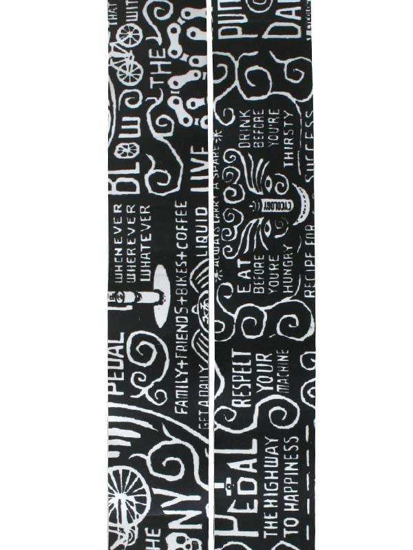 Black cycling jersey with white graphic print featuring bike motifs and cycling phrases like 'Pedal' and 'Respect Your Machine'