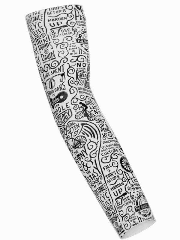 Cycling arm sleeve with black and white motivational text and bike graphics for men and women